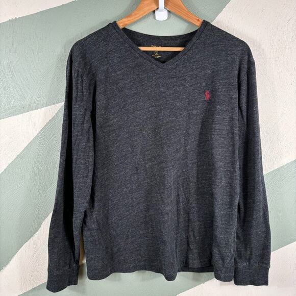 Polo Ralph Lauren Men's L Dark Gray Heather Long Sleeve Cotton V Neck T-Shirt - Picture 10 of 11